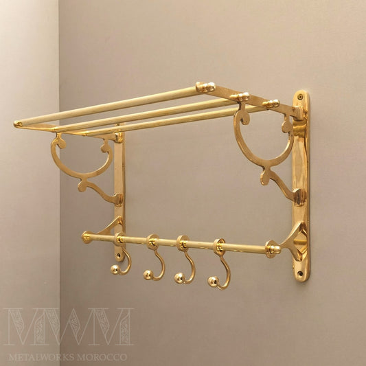 Wall-Mounted Unlacquered Brass Towel Rack And Hooks