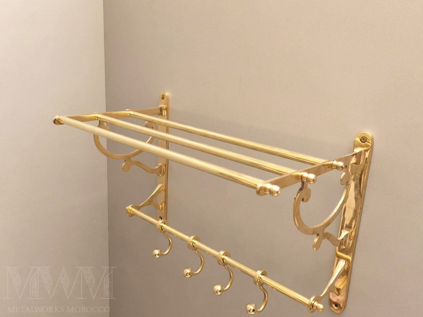 Wall-Mounted Unlacquered Brass Towel Rack And Hooks