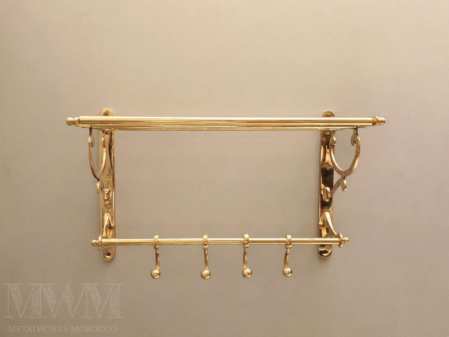 Wall-Mounted Unlacquered Brass Towel Rack And Hooks