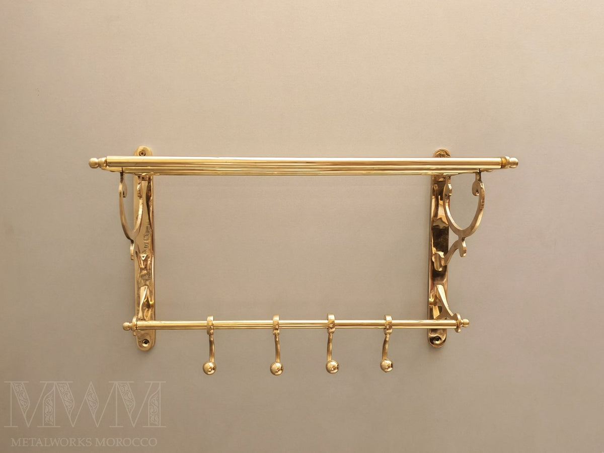 Wall-Mounted Unlacquered Brass Towel Rack And Hooks – side angle view