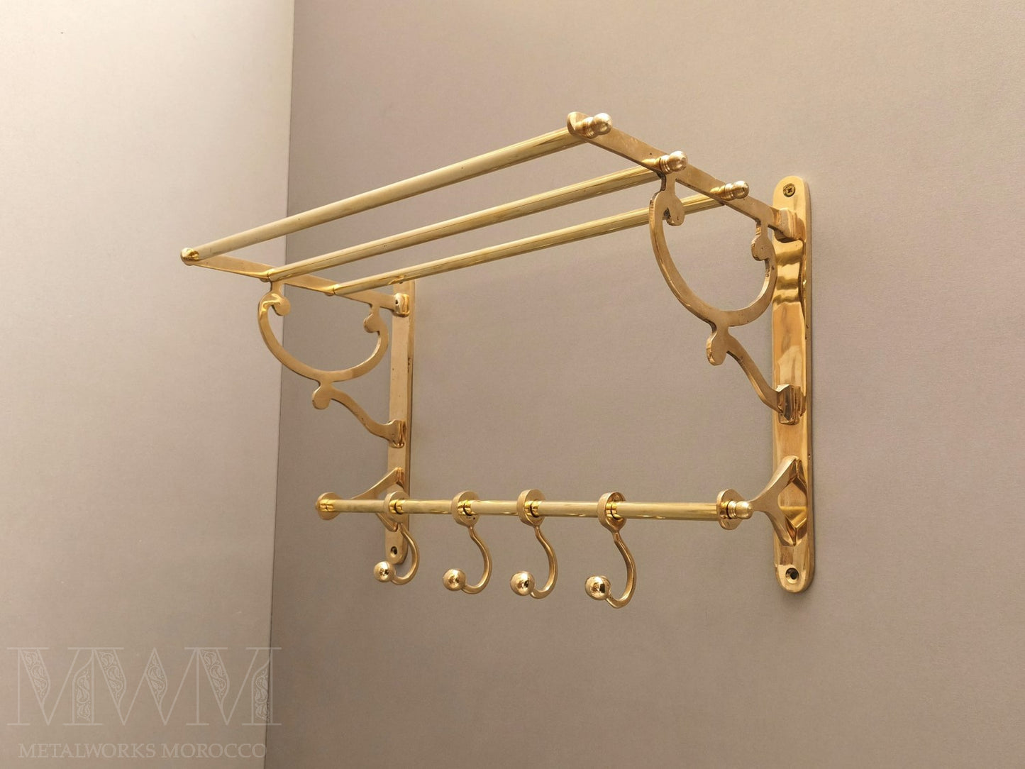 Wall-Mounted Unlacquered Brass Towel Rack And Hooks