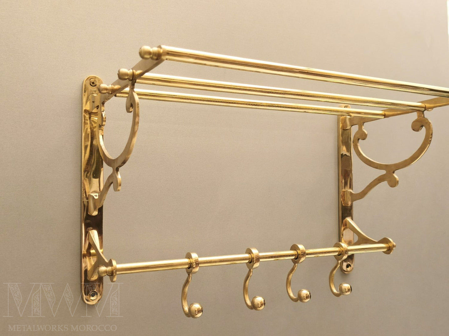 Wall-Mounted Unlacquered Brass Towel Rack And Hooks
