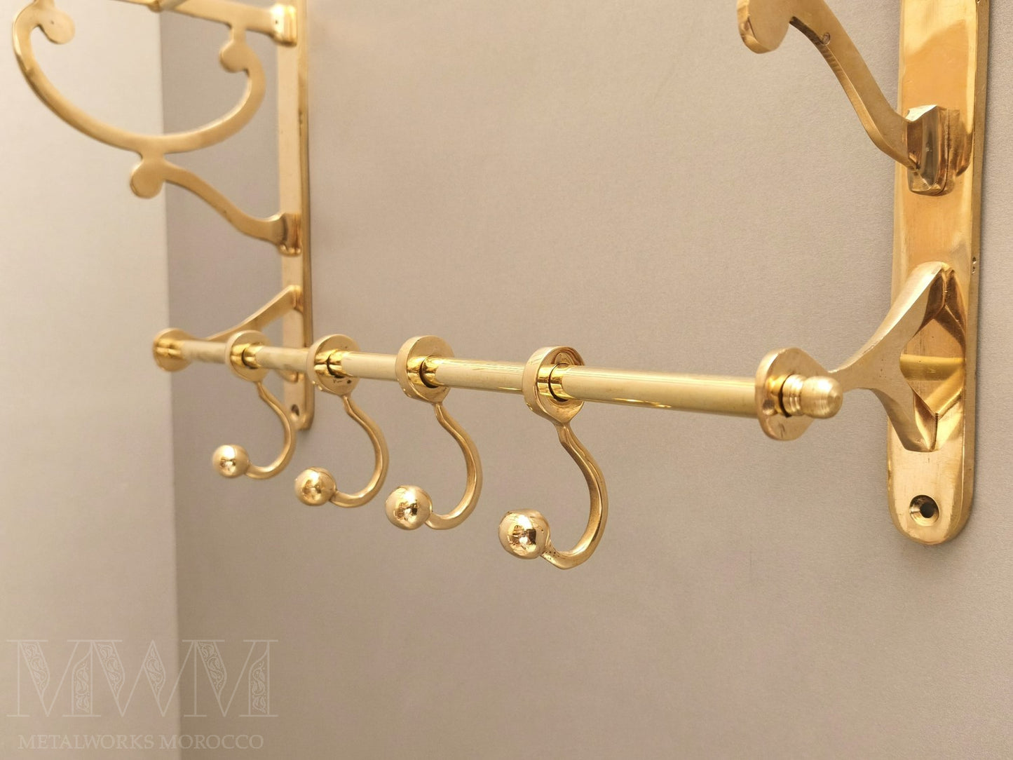 Wall-Mounted Unlacquered Brass Towel Rack And Hooks
