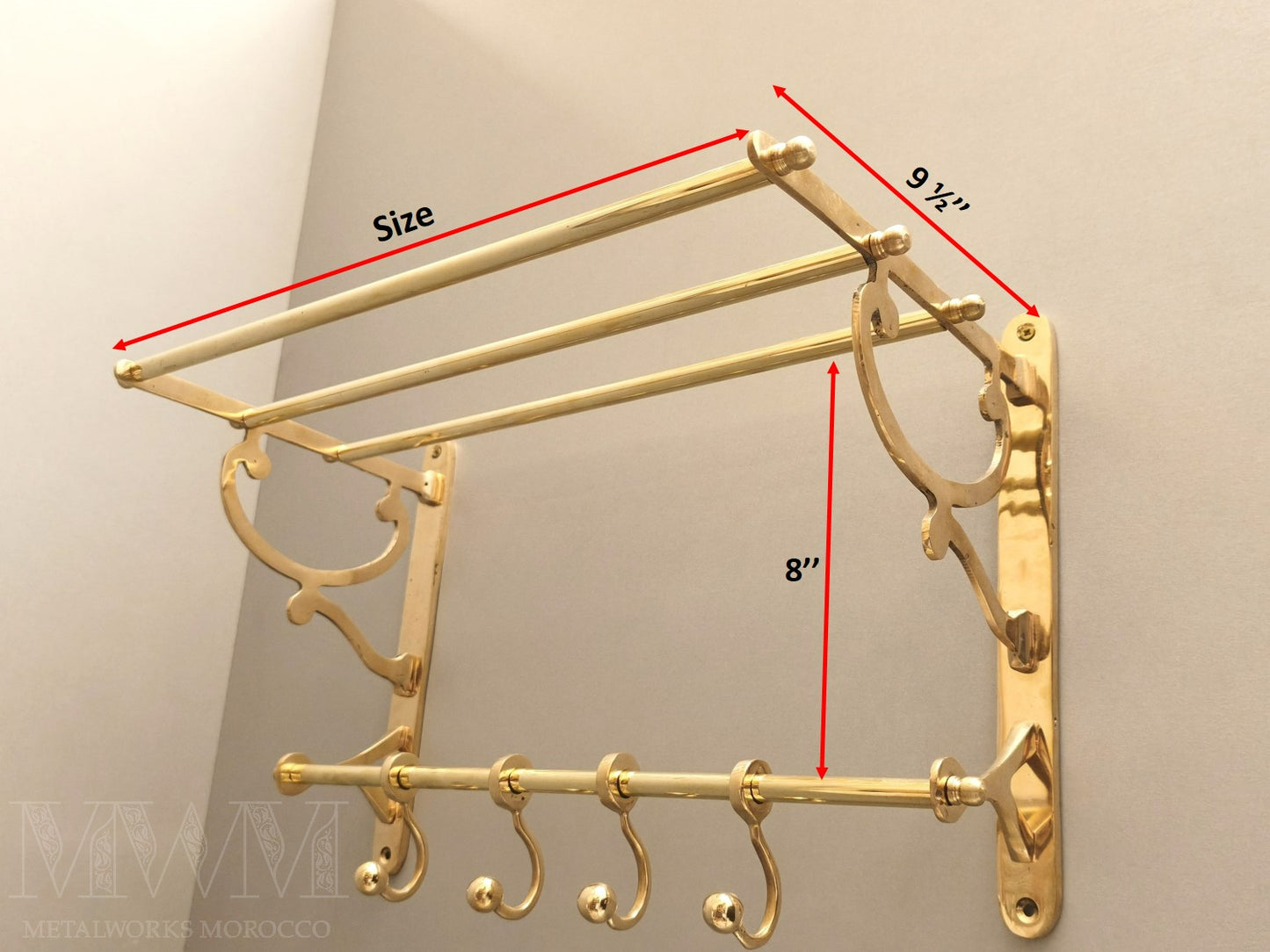 Wall-Mounted Unlacquered Brass Towel Rack And Hooks