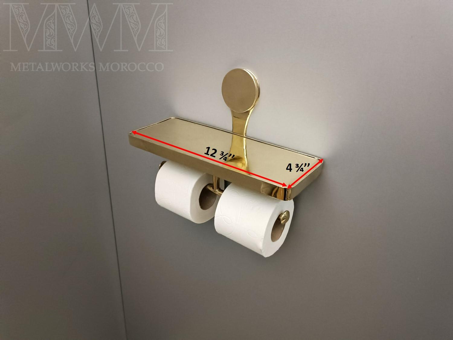 Unlacquered Brass Double Toilet Paper Holder With Shelf