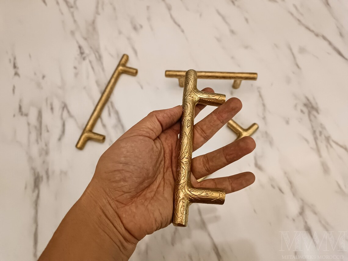 Moroccan Unlacquered Brass Appliance Pull Handmade Engraving