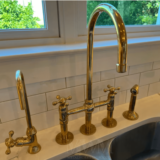 Polished Brass Bridge Kitchen Faucet 3 Hole