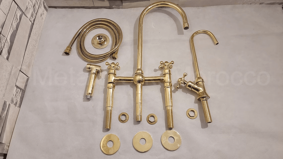 Polished Brass Bridge Kitchen Faucet 3 Hole
