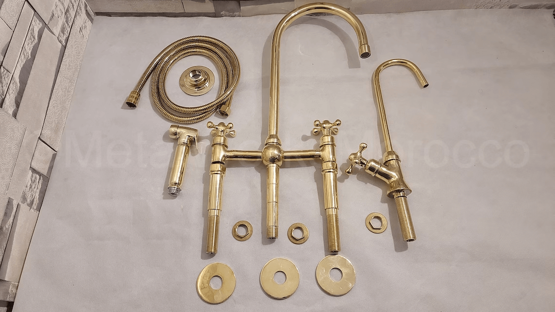 Polished Brass Kitchen Faucet With Sprayer 3-Hole in styled room setting