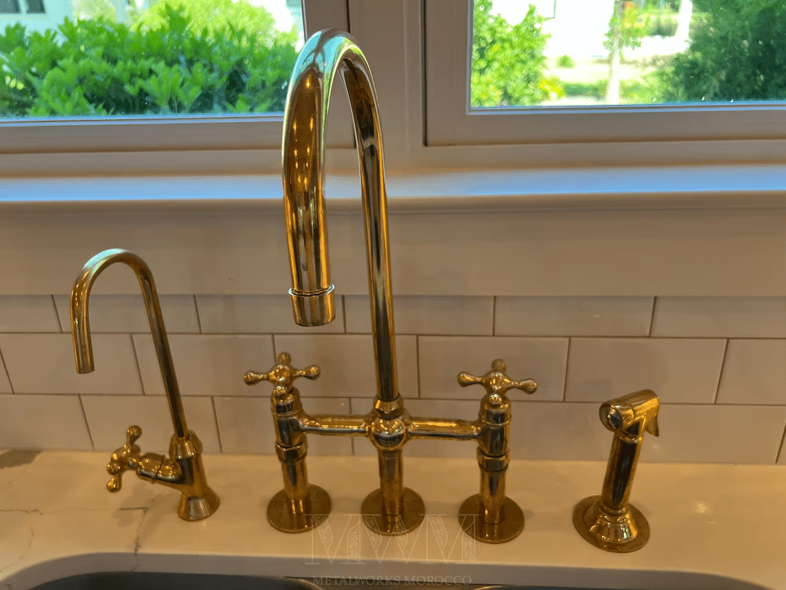 Polished Brass Bridge Kitchen Faucet 3 Hole