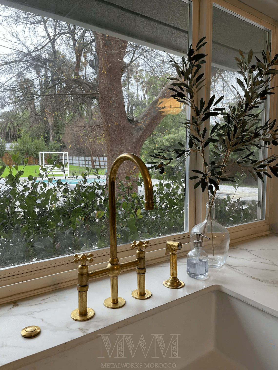 Polished Brass Bridge Kitchen Faucet 3 Hole