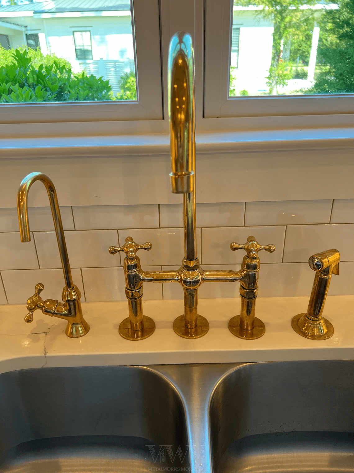 Polished Brass Bridge Kitchen Faucet 3 Hole