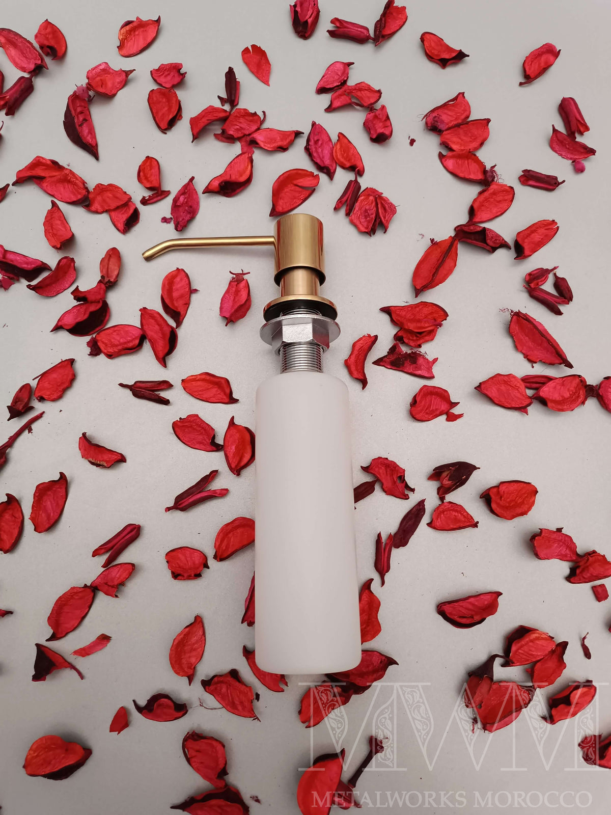 Unlacquered Brass Soap Dispenser Built-In Deck Mount installed in home setting