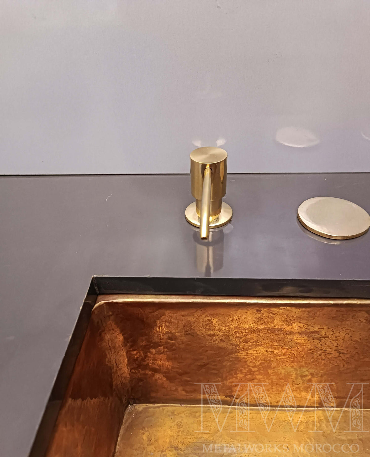 Unlacquered Brass Soap Dispenser Built-In Deck Mount – side angle view