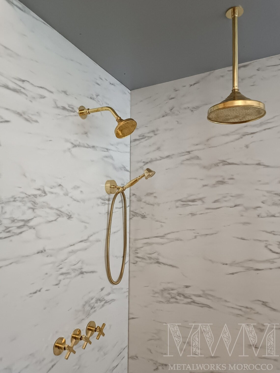 Polished Brass Shower System - Wall Mounted And Ceiling Shower Head