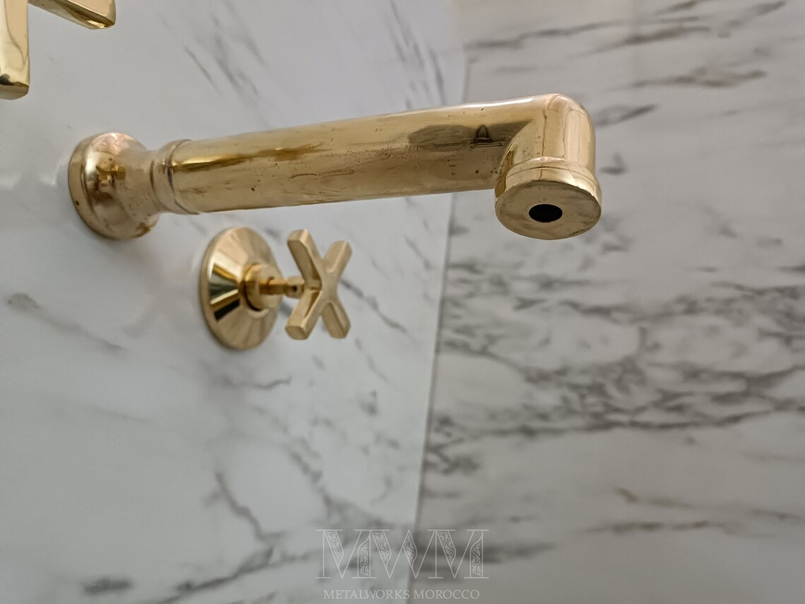 Raw Brass Wall Mount Tub Filler With Big Spout - Handmade Bathtub Faucet
