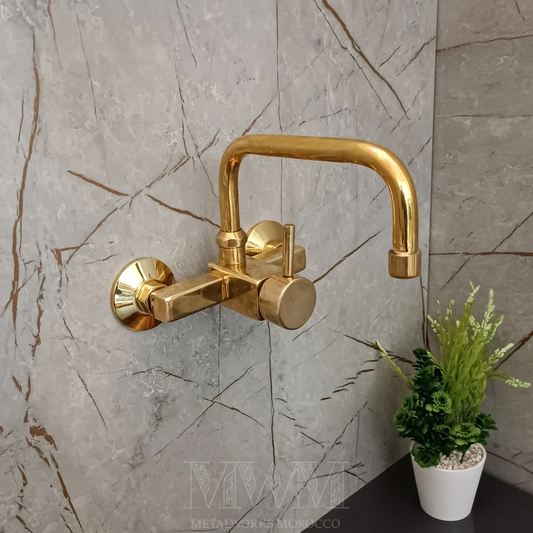 Rectangle Unlacquered Brass Wall Mounted Kitchen Faucet