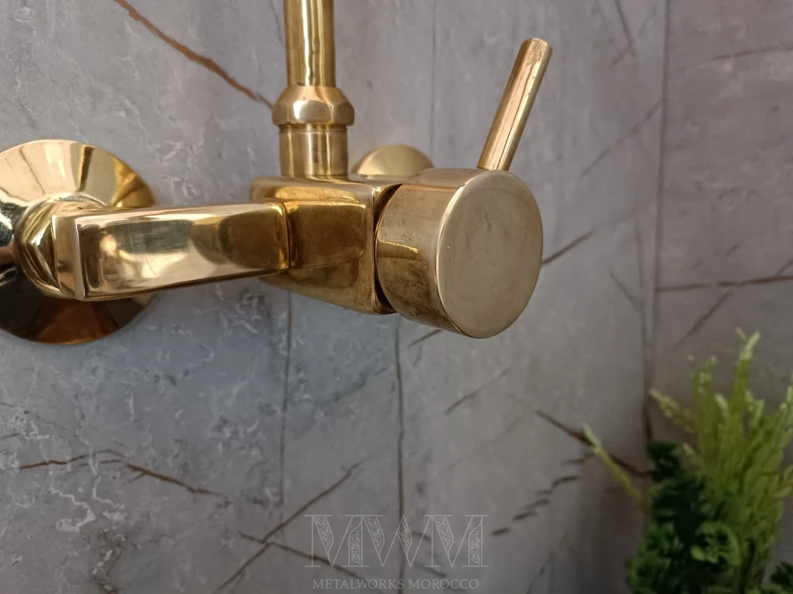 Rectangle Unlacquered Brass Wall Mounted Kitchen Faucet