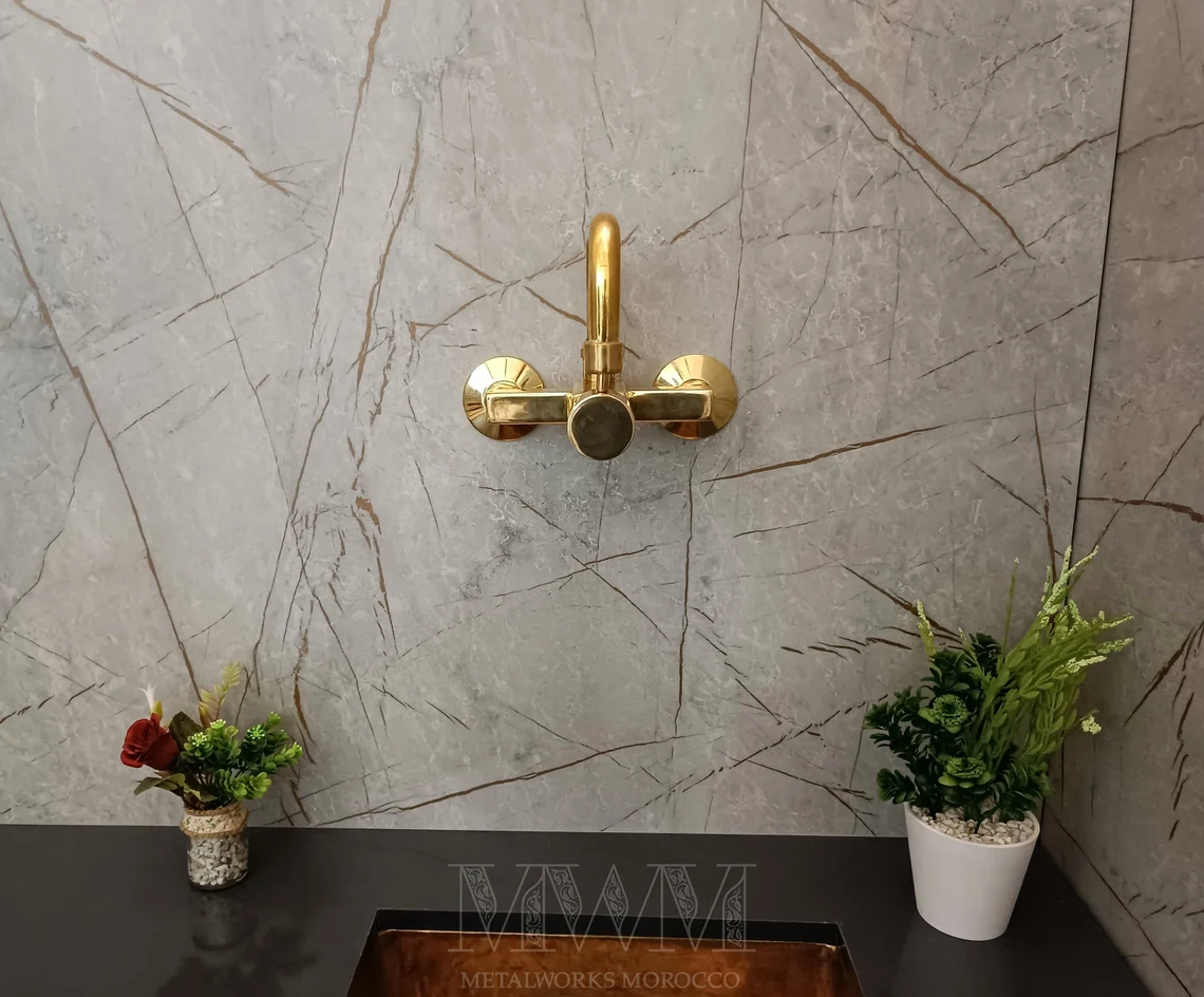 Rectangle Unlacquered Brass Wall Mounted Kitchen Faucet