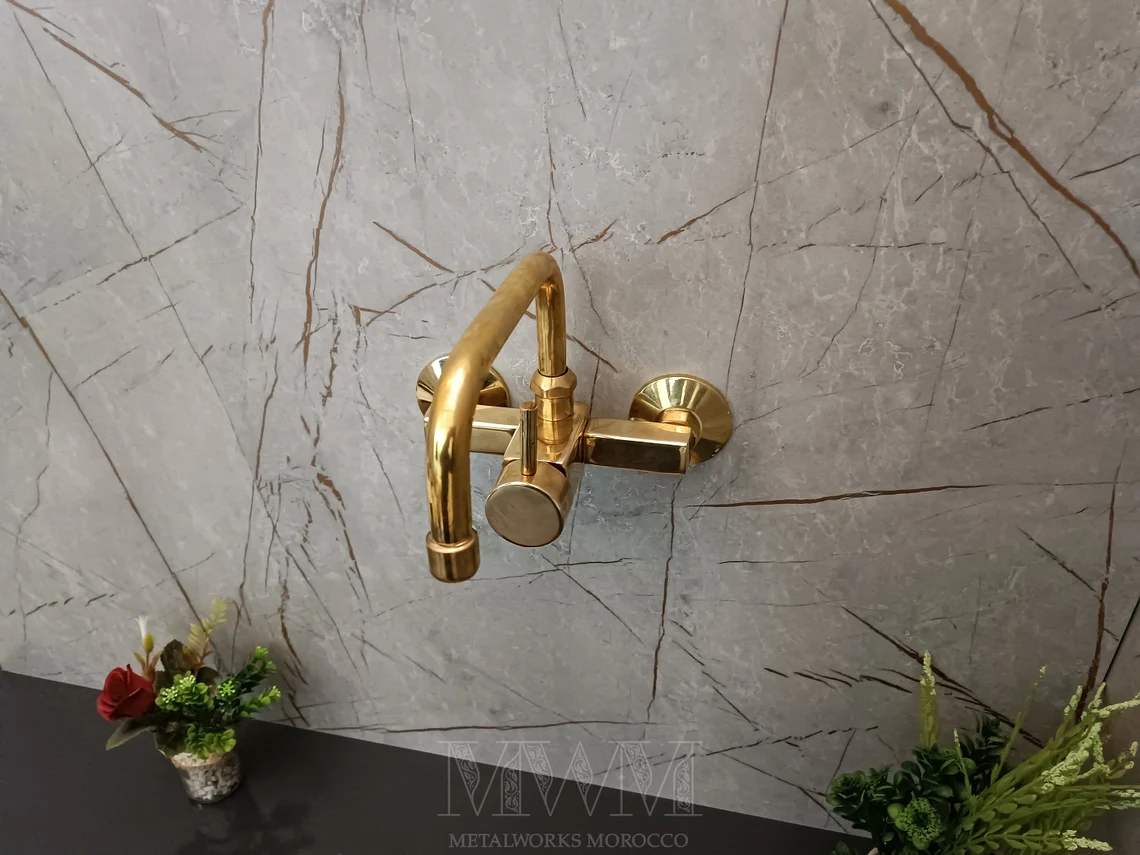 Rectangle Unlacquered Brass Wall Mounted Kitchen Faucet