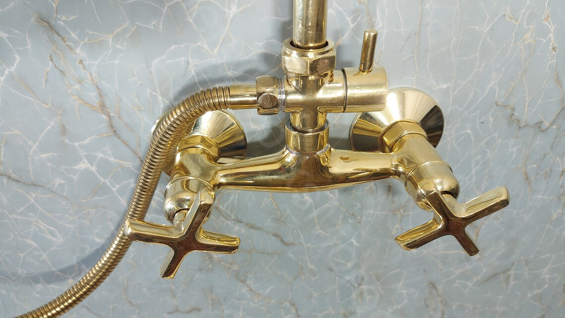 Retro Solid Brass Exposed Pipe Shower System Set With New Handheld Holder
