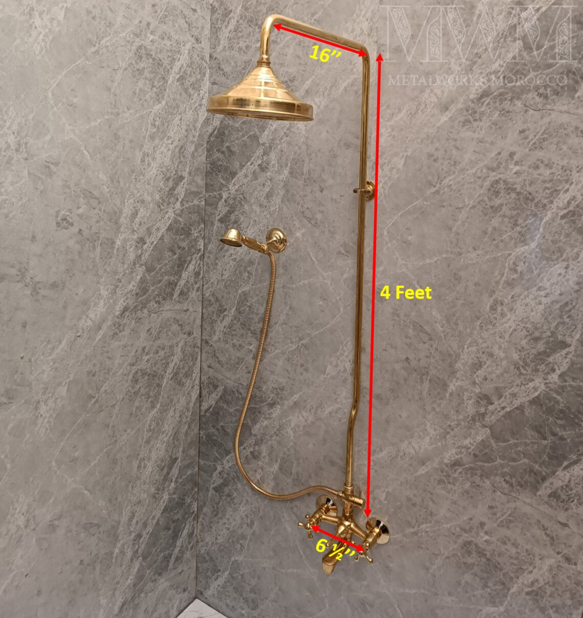 Solid Brass Bathtub And Exposed Shower Faucet Combo And Handheld – mounted in tiled shower enclosure