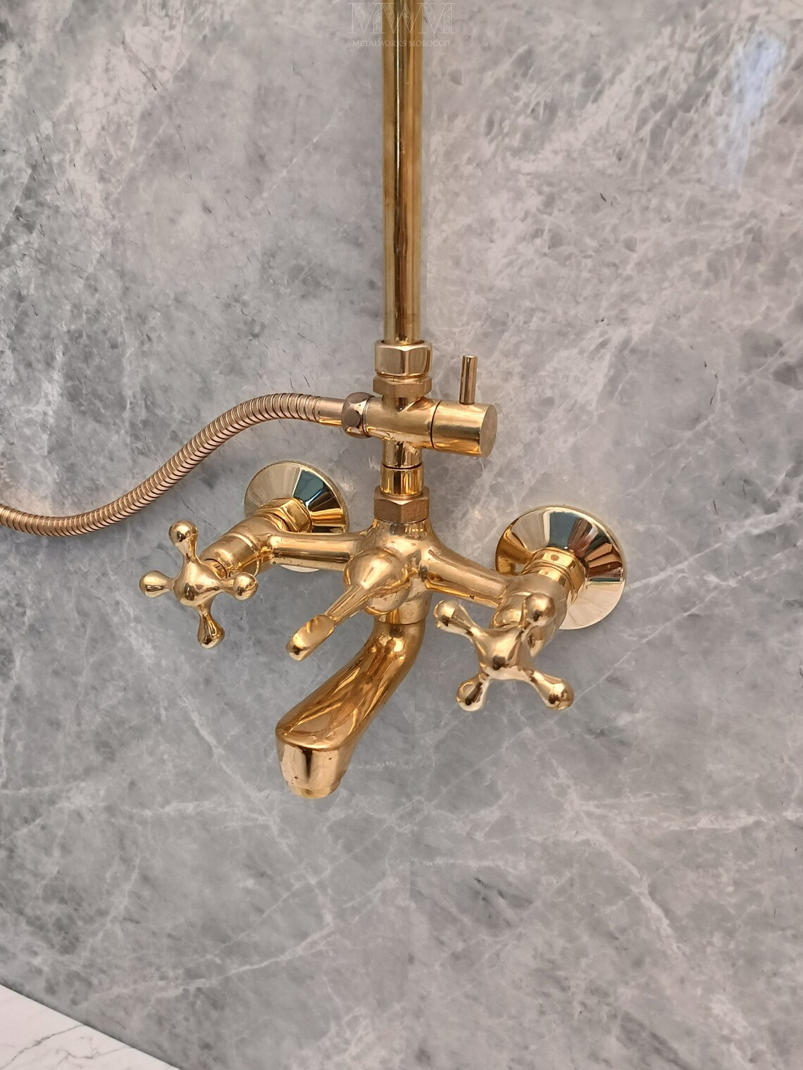 Solid Brass Bathtub And Exposed Shower Faucet Combo And Handheld in finished bathroom setting