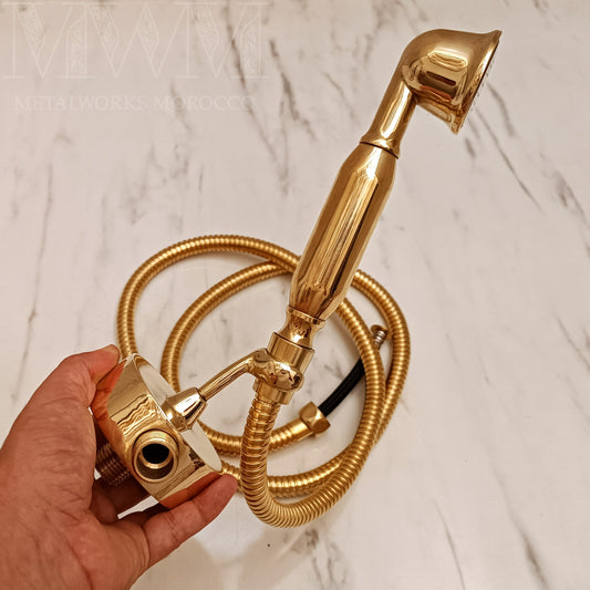 Solid brass handheld shower head with polished finish and metal hose