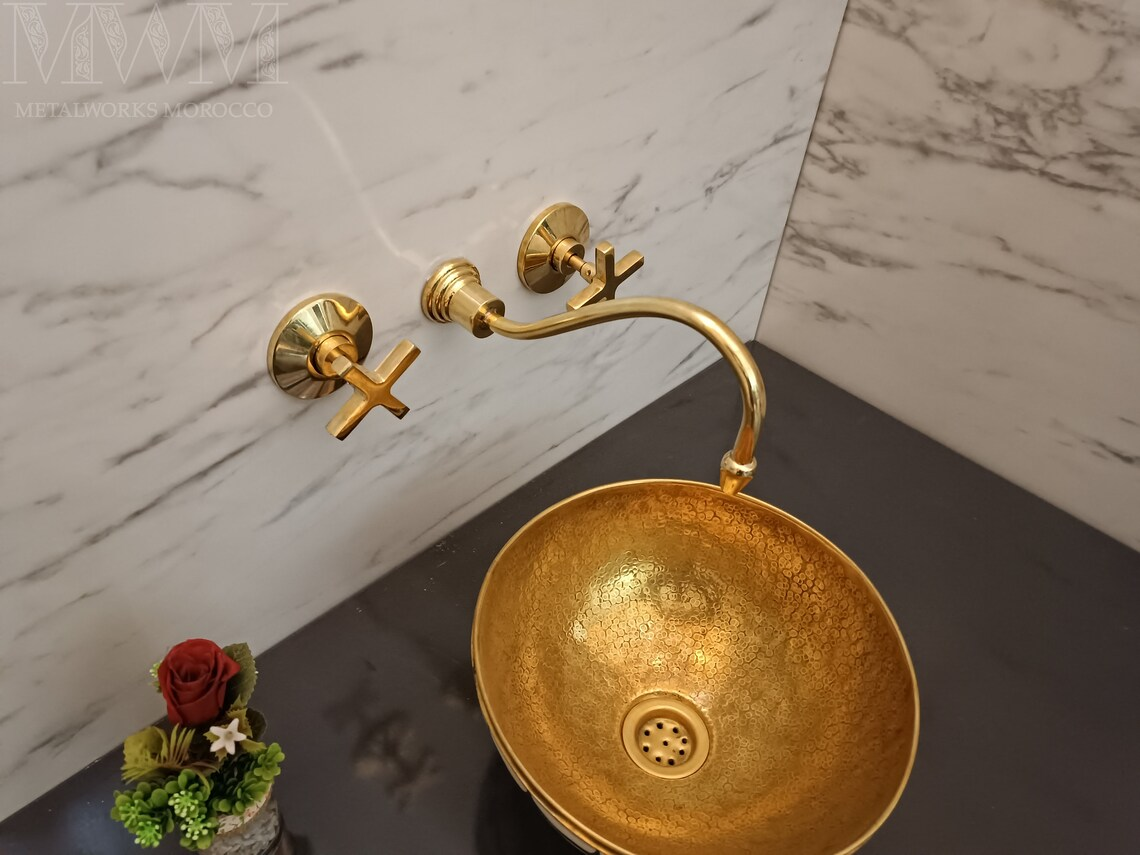 Thin Spout Unlacquered Brass Wall Mounted Sink Faucet For Bathroom