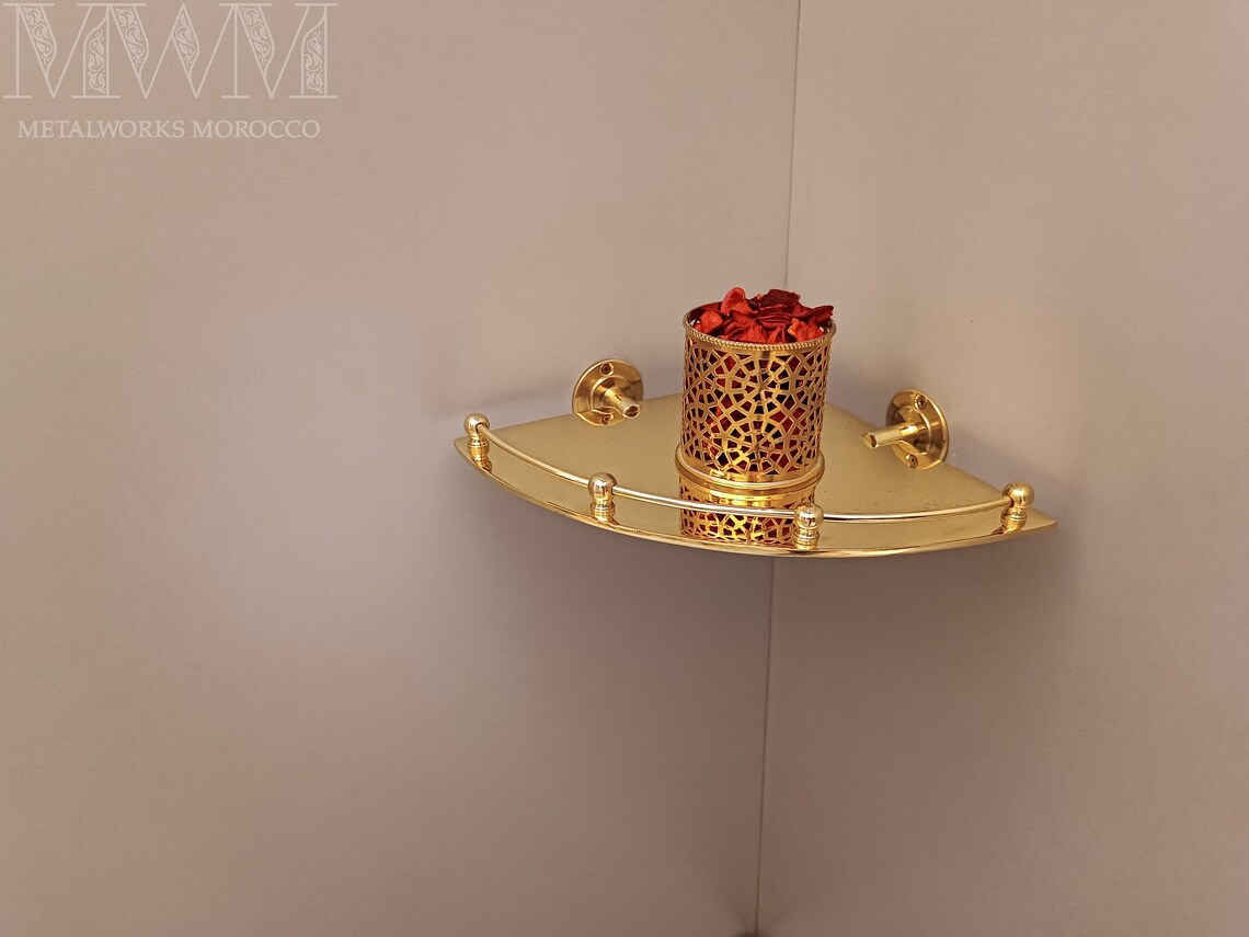 Unique Polished Brass Corner Shower Shelf With Rail