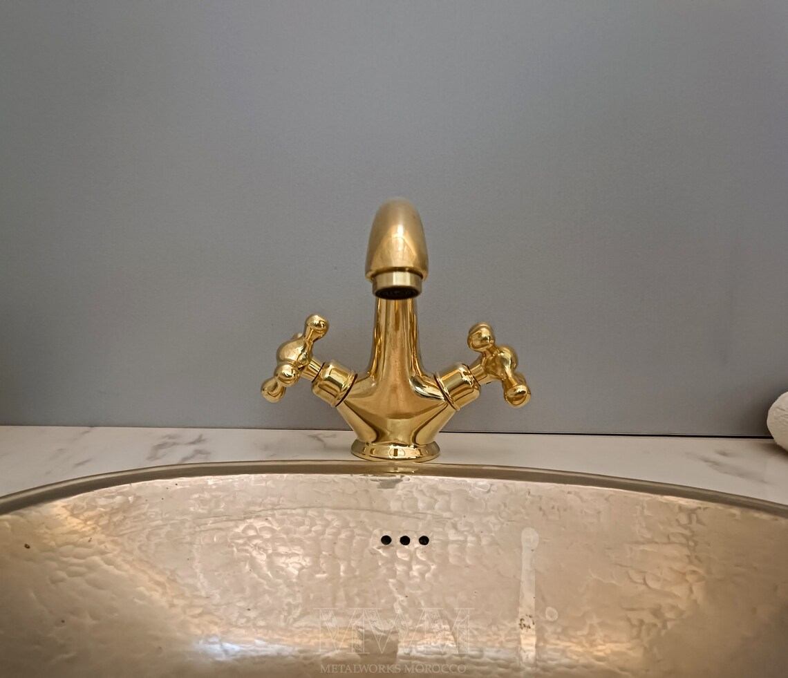 Natural Brass Bathroom Faucet For Vanity Two Handles installed in home setting