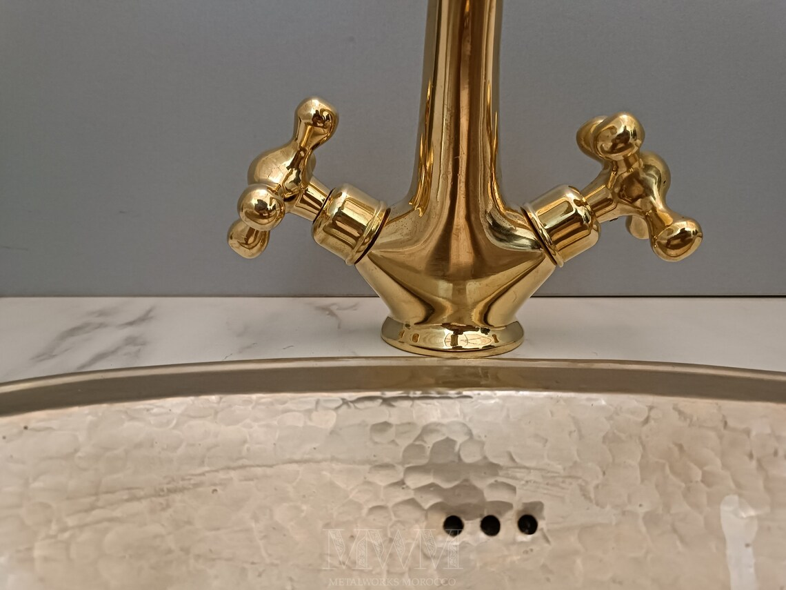 Natural Brass Bathroom Faucet For Vanity Two Handles in styled room setting