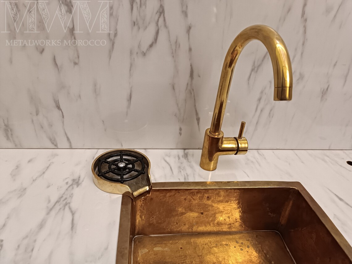 Unlacquered Brass Glass Rinser Faucet For Kitchen Sink installed in home setting
