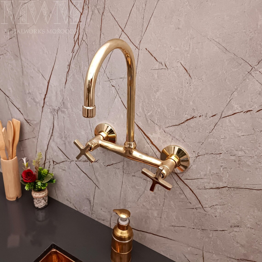 Unlacquered Brass Gooseneck Wall Mounted Kitchen Faucet