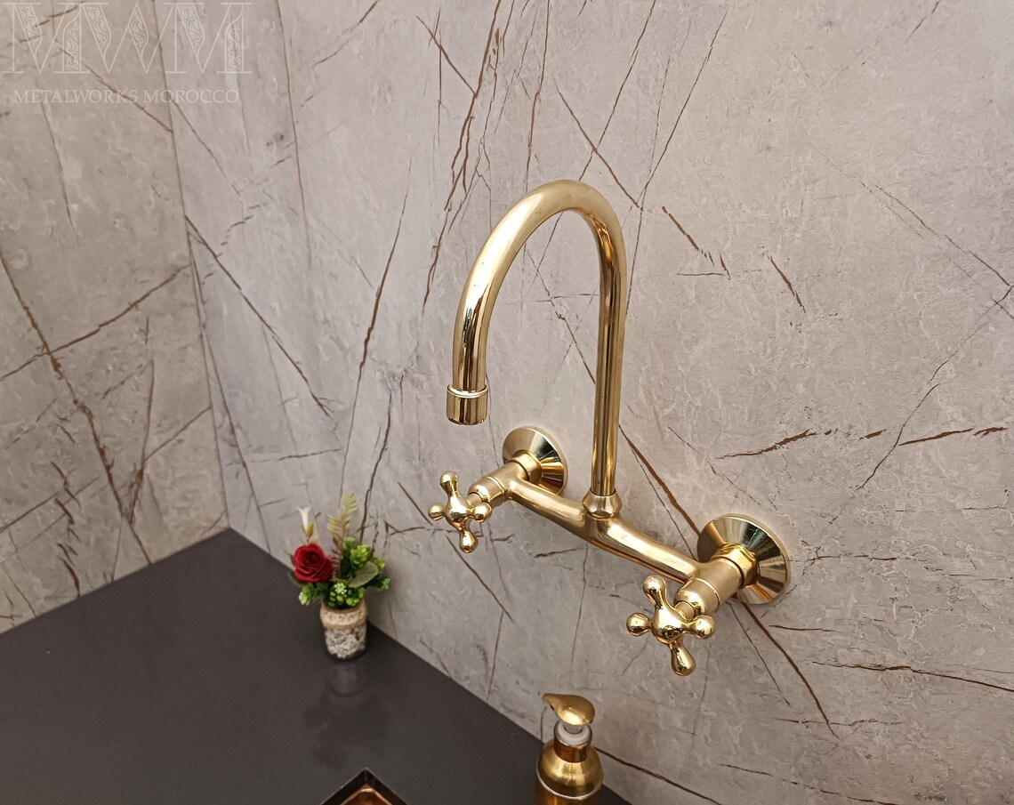 Unlacquered Brass Gooseneck Wall Mounted Kitchen Faucet