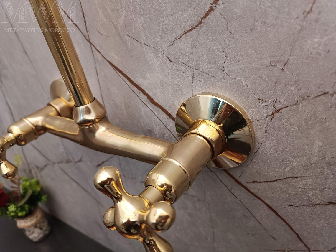 Unlacquered Brass Gooseneck Wall Mounted Kitchen Faucet
