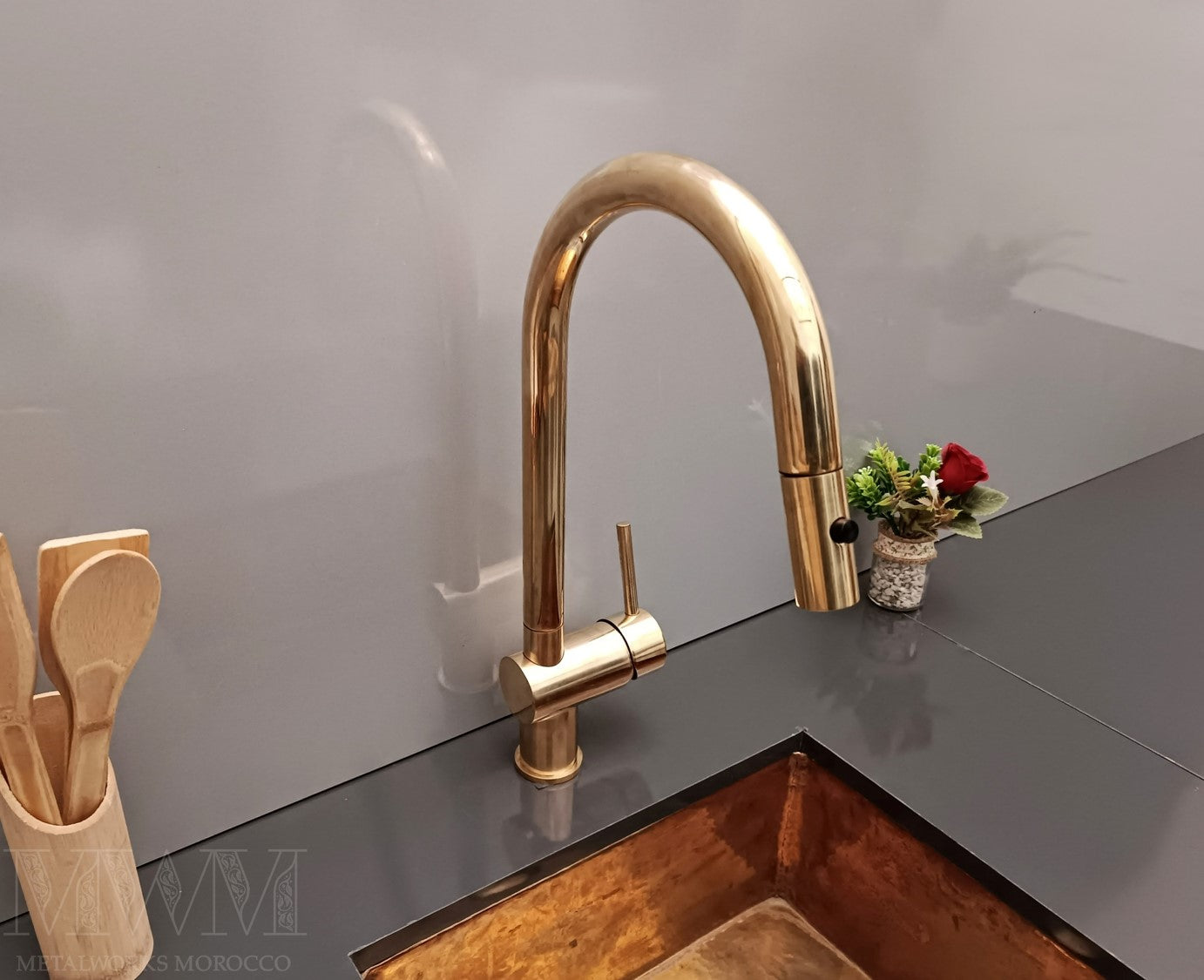 Unlacquered Brass Kitchen Faucet With Pull Out Spray