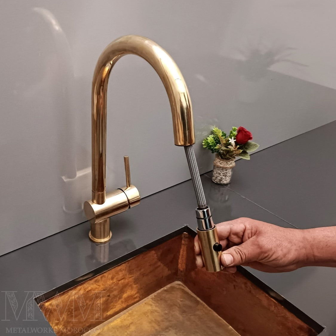 Unlacquered Brass Kitchen Faucet With Pull Out Spray