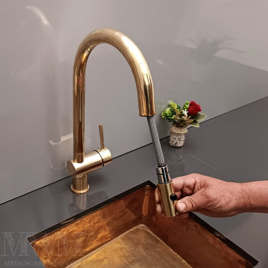 Unlacquered Brass Kitchen Faucet With Pull Out Spray