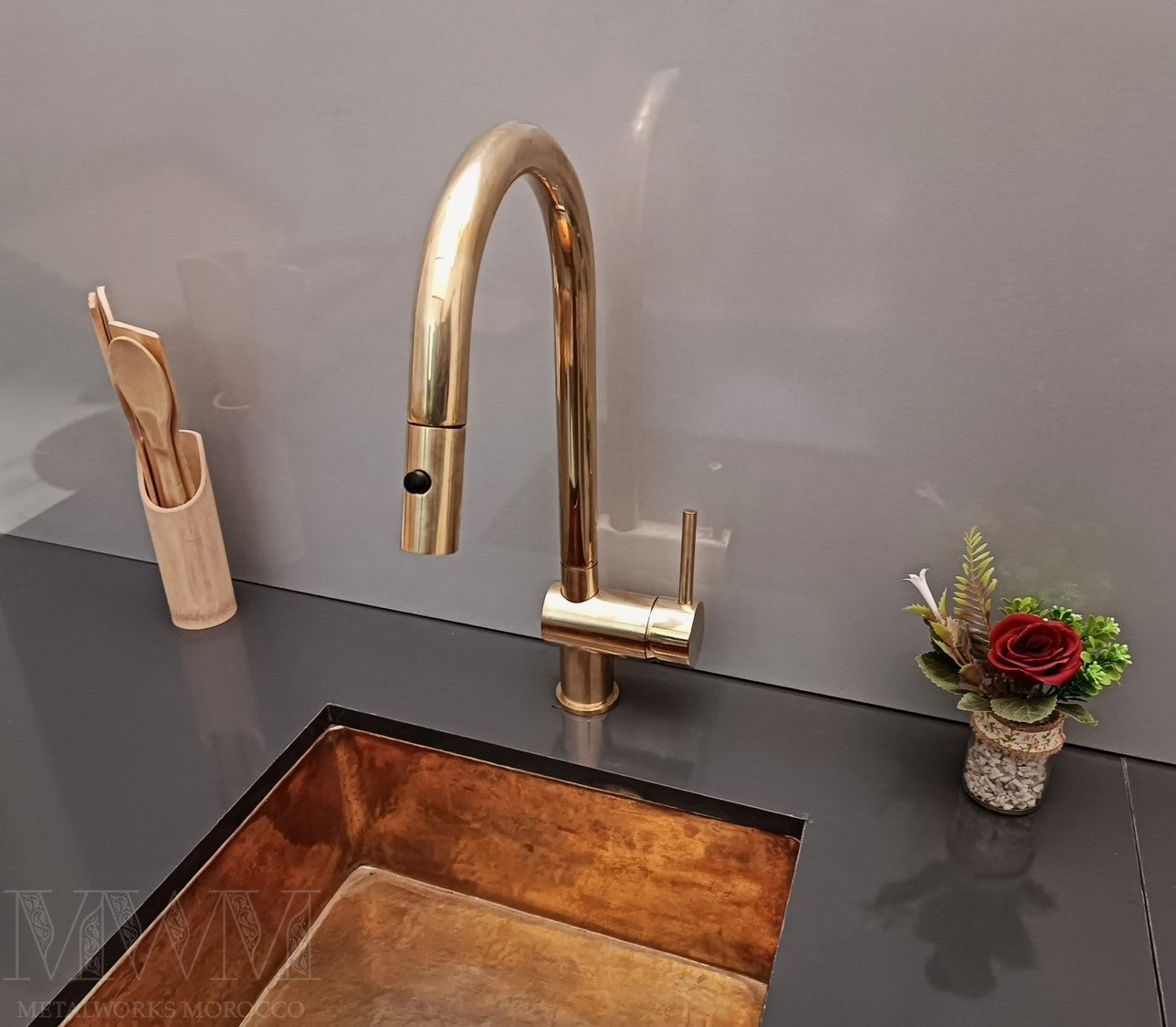 Unlacquered Brass Kitchen Faucet With Pull Out Spray