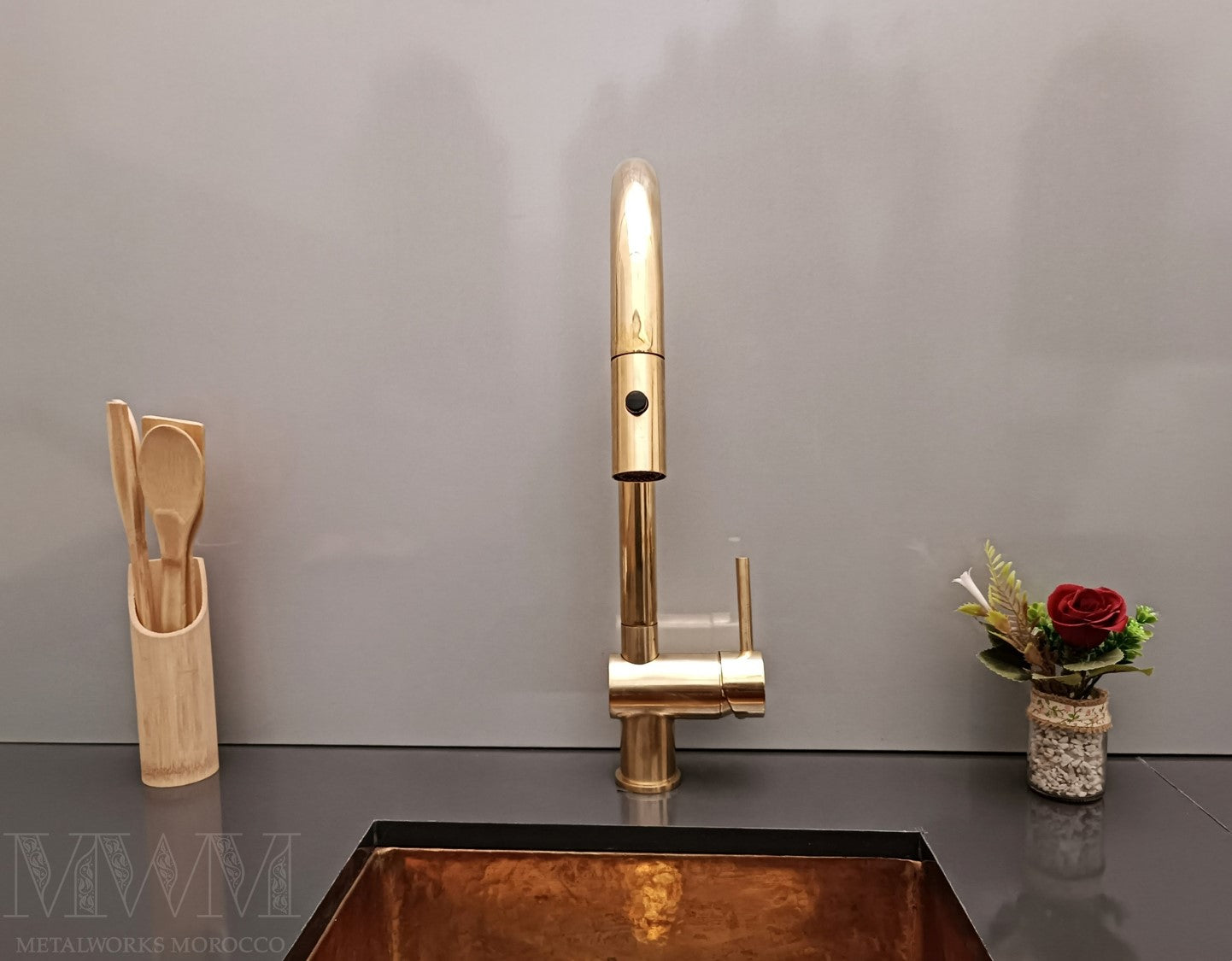 Unlacquered Brass Kitchen Faucet With Pull Out Spray