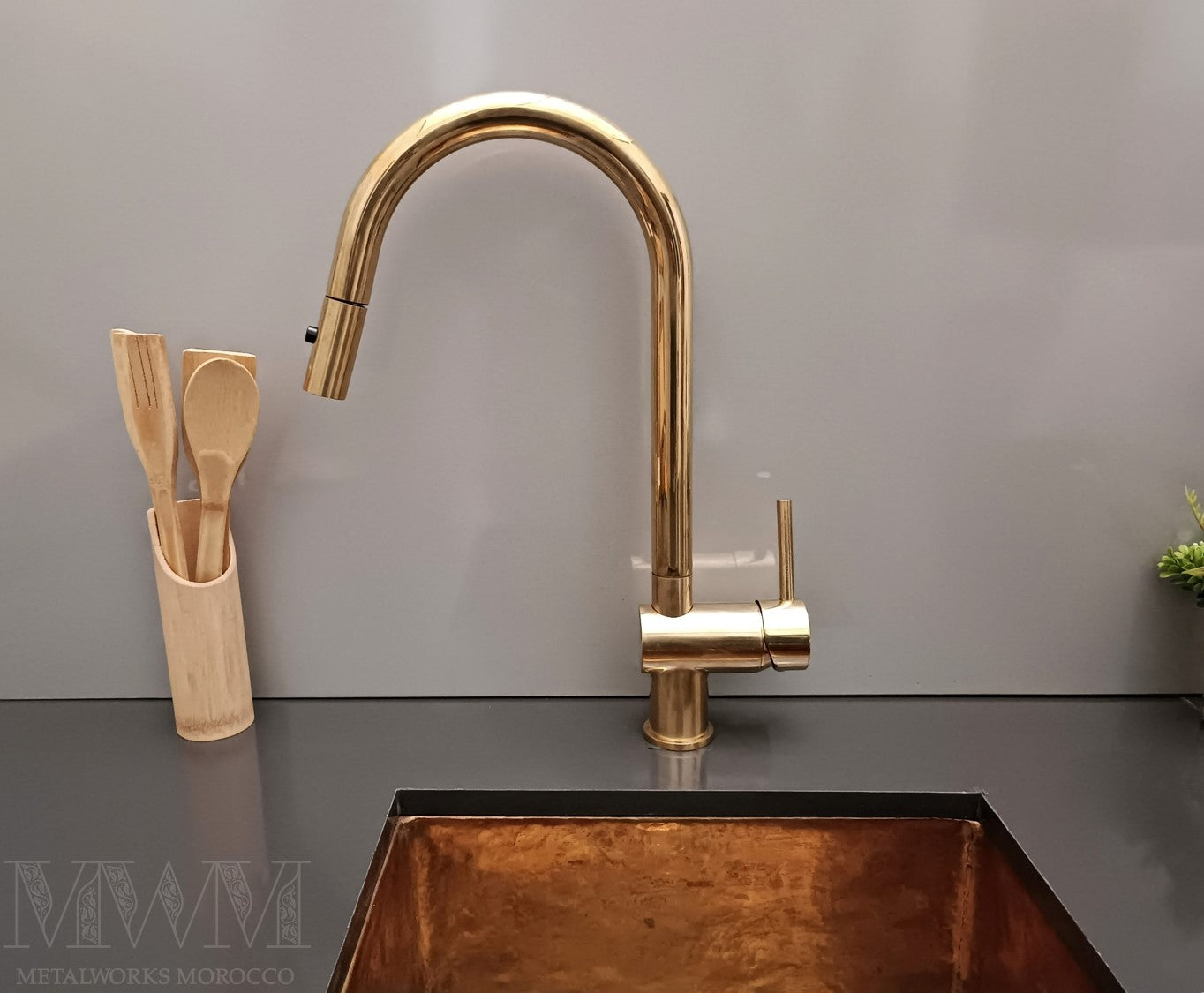 Unlacquered Brass Kitchen Faucet With Pull Out Spray