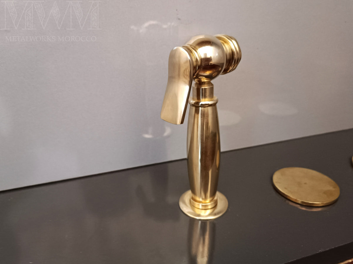 Unlacquered Brass Sink Side Sprayer – side angle view