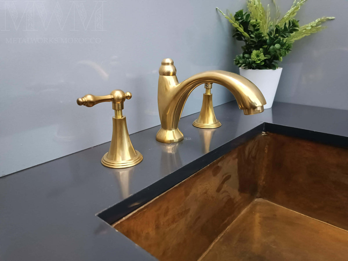 Unlacquered Brass Widespread Bathroom Faucet – side angle view