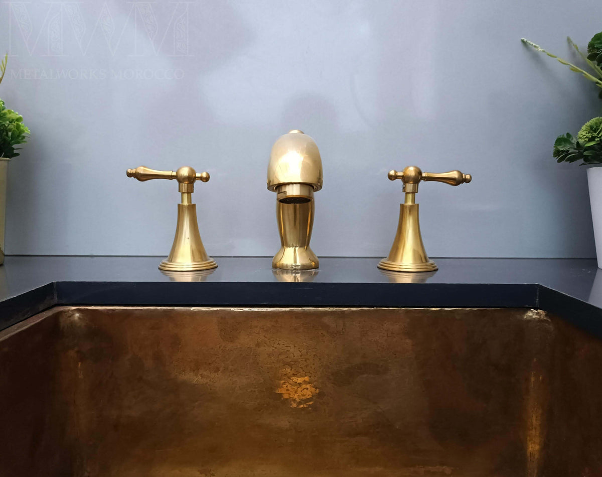 Unlacquered Brass Widespread Bathroom Faucet – top view