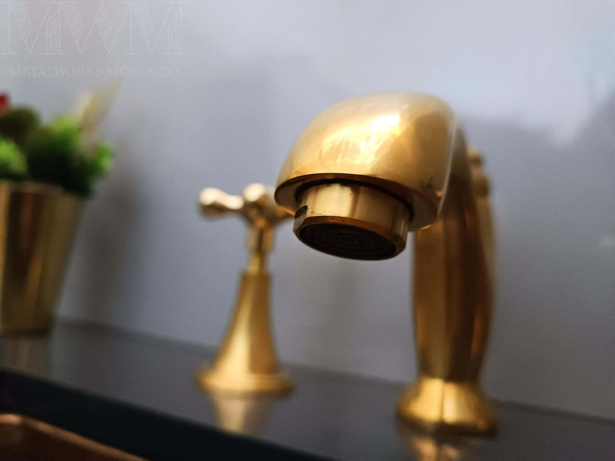 Unlacquered Brass Widespread Bathroom Faucet – close-up detail view