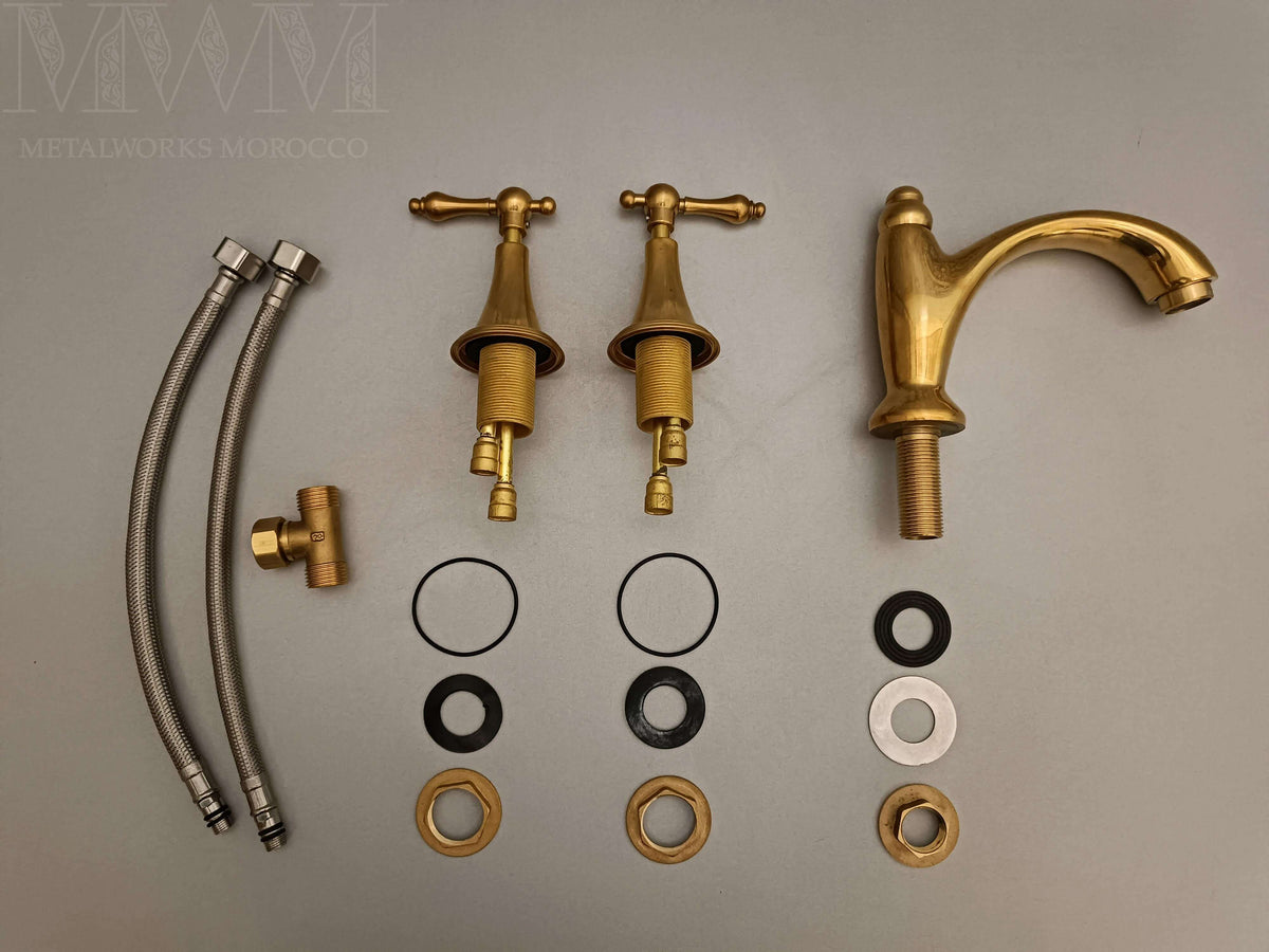 Unlacquered Brass Widespread Bathroom Faucet installed in home setting