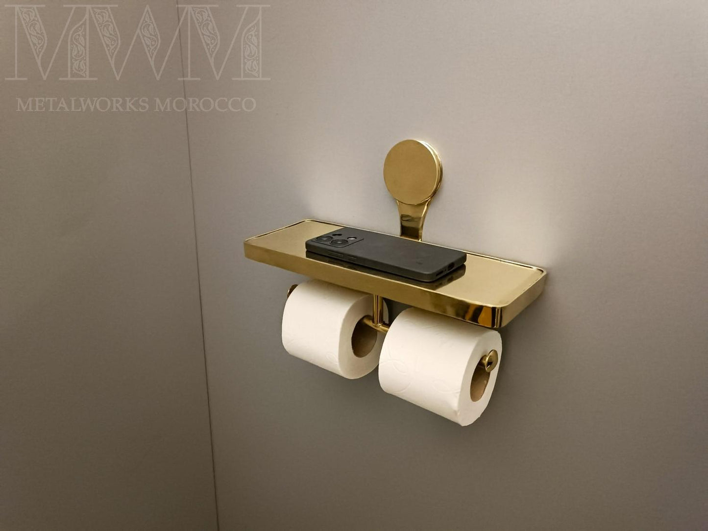 Unlacquered Brass Double Toilet Paper Holder With Shelf