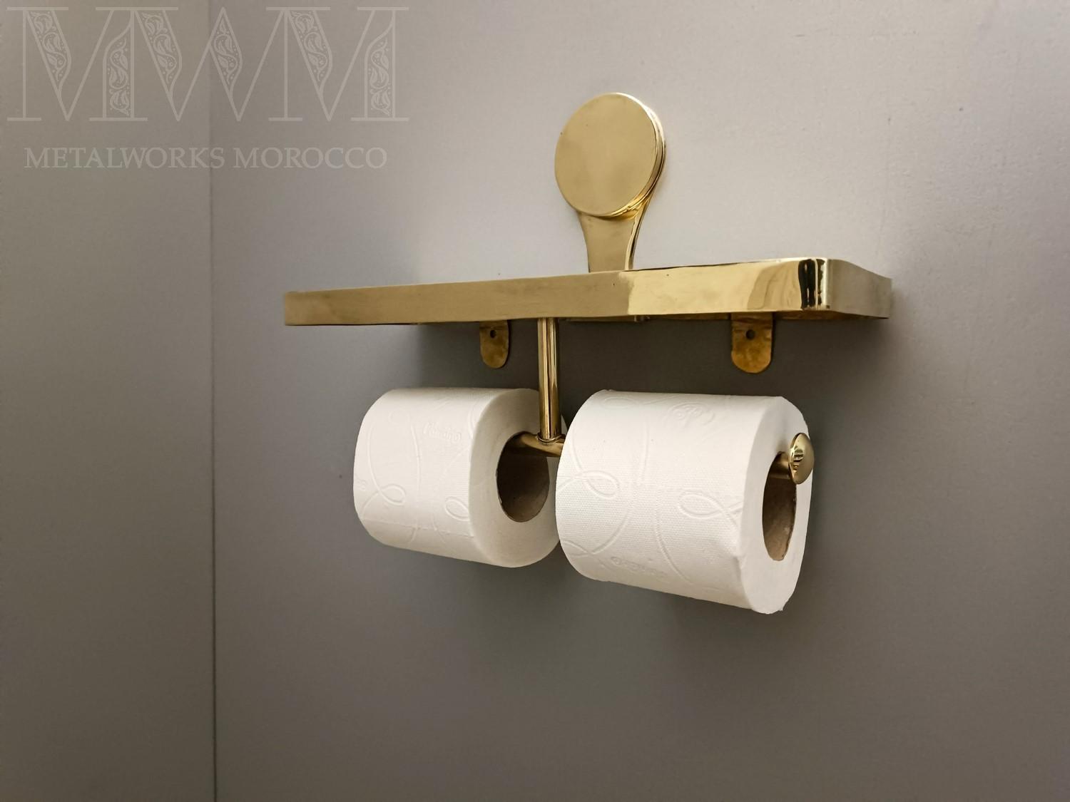 Unlacquered Brass Double Toilet Paper Holder With Shelf