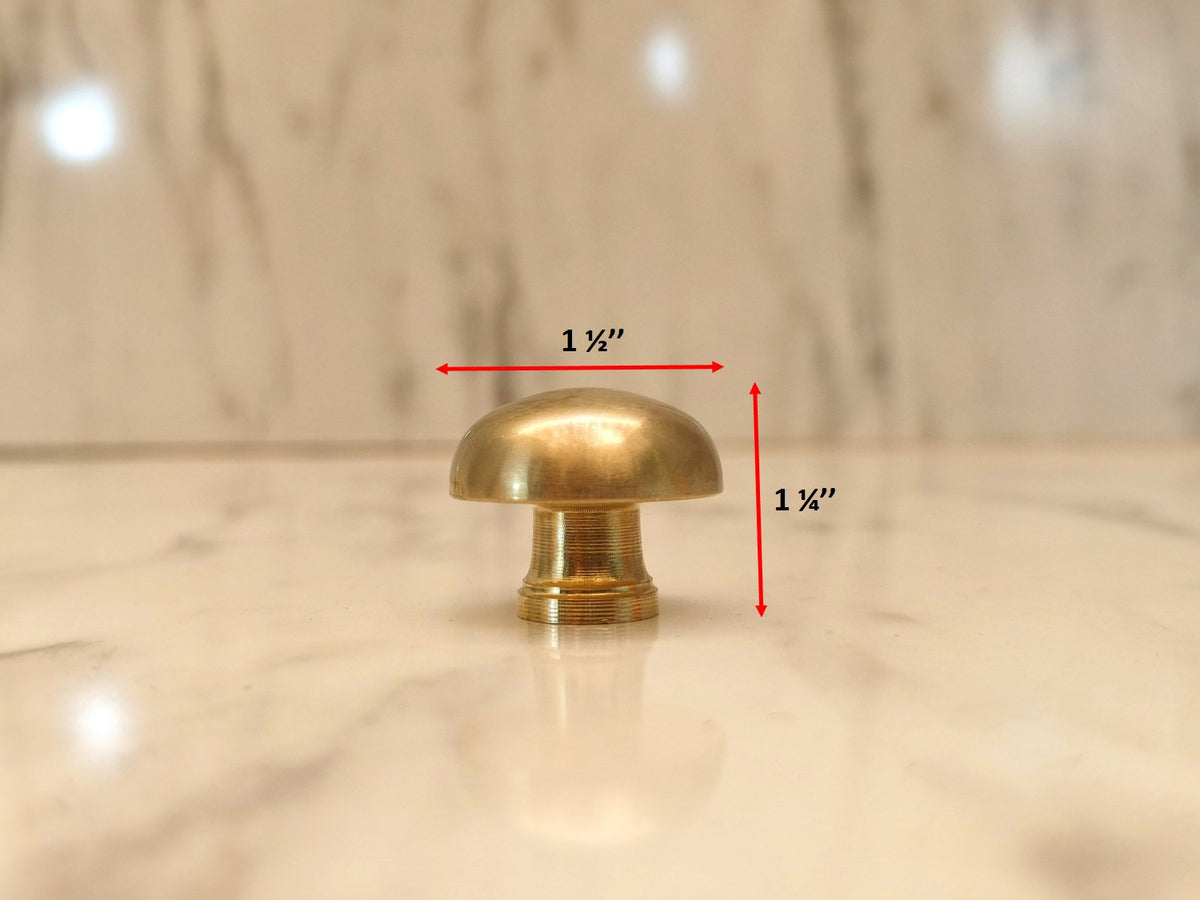 Burnished brass cabinet knob dimensions: 1.5 inch diameter, 1.25 inch height